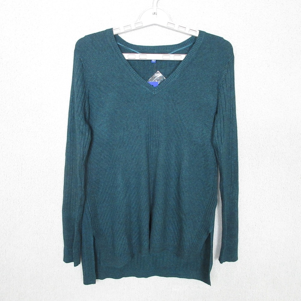 APT. 9 Womens V-Neck Long Sleeve Top Teal Metallic Knit Pullover Sweater Medium